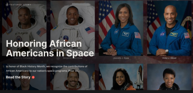 A collage of Black astronaut profile photos, with white overlaid text "Celebrating African Americans in Space."