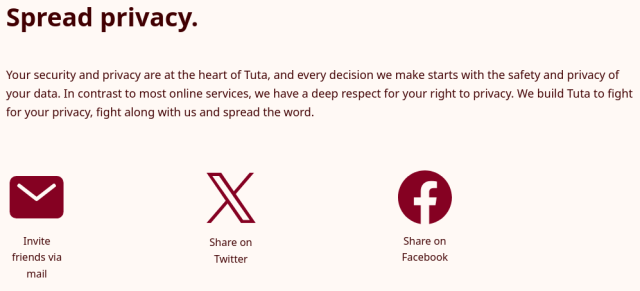Screenshot from Tuta's website showing that they have "share" buttons for Shitter and Facebook but not for Mastodon.