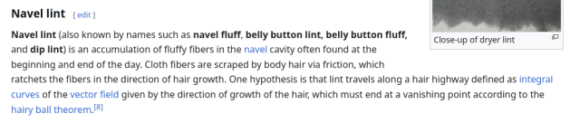 Screenshot of the Wikipedia "Lint" article featuring the text "One hypothesis is that lint travels along a hair highway defined as integral curves of the vector field given by the direction of growth of the hair, which must end at a vanishing point according to the hairy ball theorem." under the heading "Navel Lint"