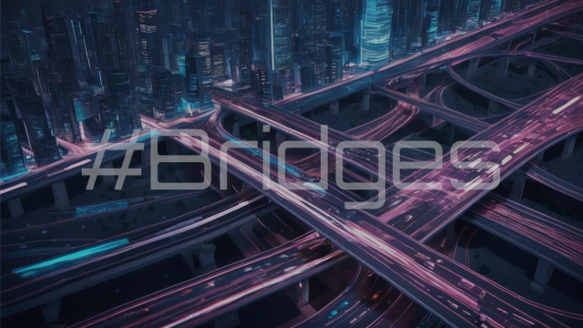 Ein KI-generiertes Bild, das eine Datenautobahn symbolisiert, Aufschrift: #Bridges