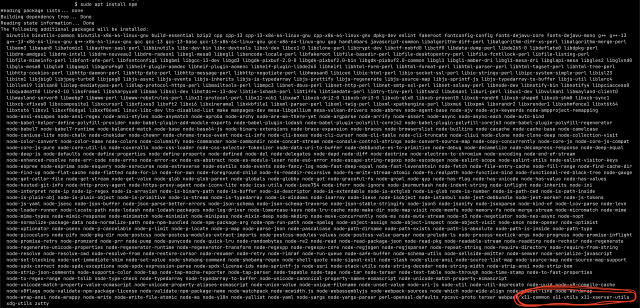 List of apt packages installed as a result of 'sudo apt install npm', where some of the packages are x11-common, x11-utils and x11-server-utils