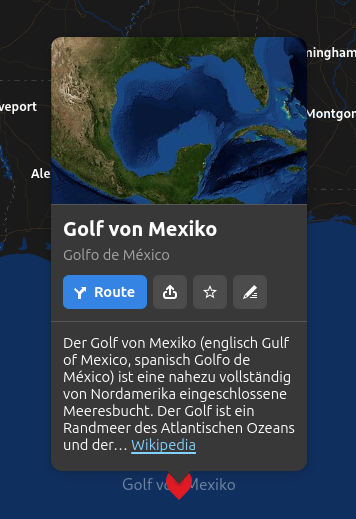 Screenshot of Gnome Maps based on OpenStreetMap displaying legend to Gulf of Mexoco