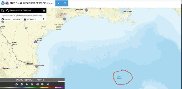 A screenshot from the US National Weather Service radar of the lands to the north and west of a body of water that's still correctly identified in the image as the "Gulf of Mexico."