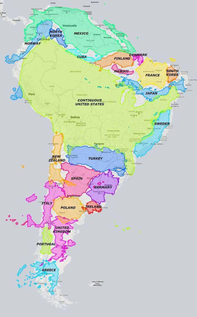 A striking map of the world where countries are reimagined and seamlessly integrated into the continent of South America. Major nations like the United States, Japan, and the United Kingdom are incorporated into the existing landmass, creating a unique and thought-provoking vision of global geography.
