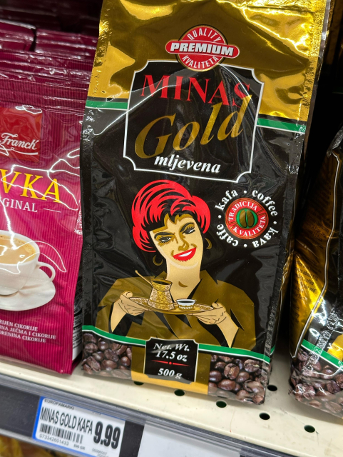 A bag of eastern european coffee featuring a frightening looking woman offering you a cup