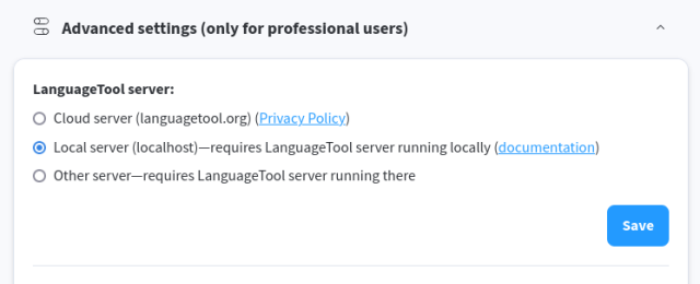 A screenshot of Firefox LanguageTool add-on that shows which setting to change to connect to the locally running LanguageTool server.