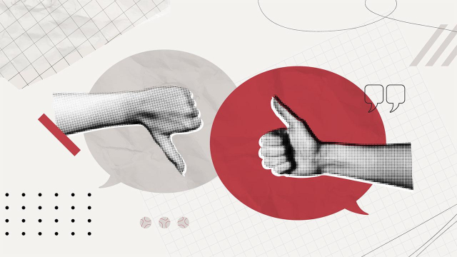 A digital collage features two halftone-style hands giving opposite gestures: a thumbs-down on the left and a thumbs-up on the right. Each hand is inside a speech bubble, with the left bubble in muted gray and the right in bold red. The background consists of abstract geometric elements, including grid patterns, crumpled paper textures, speech bubbles, and various graphic shapes in black, white, and red. The composition conveys a theme of contrasting opinions or dialogue.
