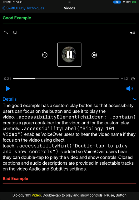 Good videos example showing VoiceOver reads a .accessibilityLabel for the video container and a .accessibilityHint to double-tap to play and show controls. 