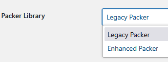 a drop down menu for "packer library" with the options "legacy packer" and "enhanced packer". it's actually part of an ecommerce platform talking about settings for estimating box weights and sizes for shipping.