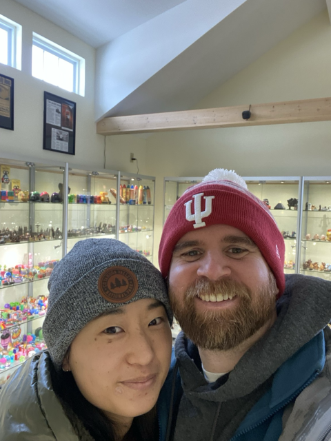 Myself and partner taking a selfie in a pencil sharpener museum 