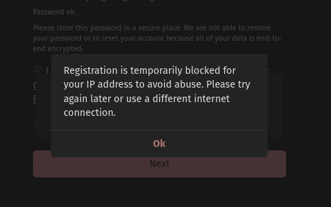 Registration is temporarily blocked for your IP address to avoid abuse. Please try again later or use a different internet connection
