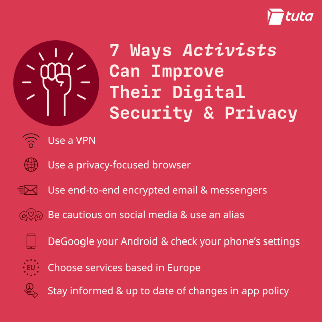 7 Ways Activists Can Improve Their Digital Security & Privacy: Use a VPN, Use a privacy-focused browser, Use end-to-end encrypted email & messengers, Be cautious on social media & use an alias, DeGoogle your Android & check your phone’s settings, Choose services based in Europe, Stay informed & up to date of changes in app policy.