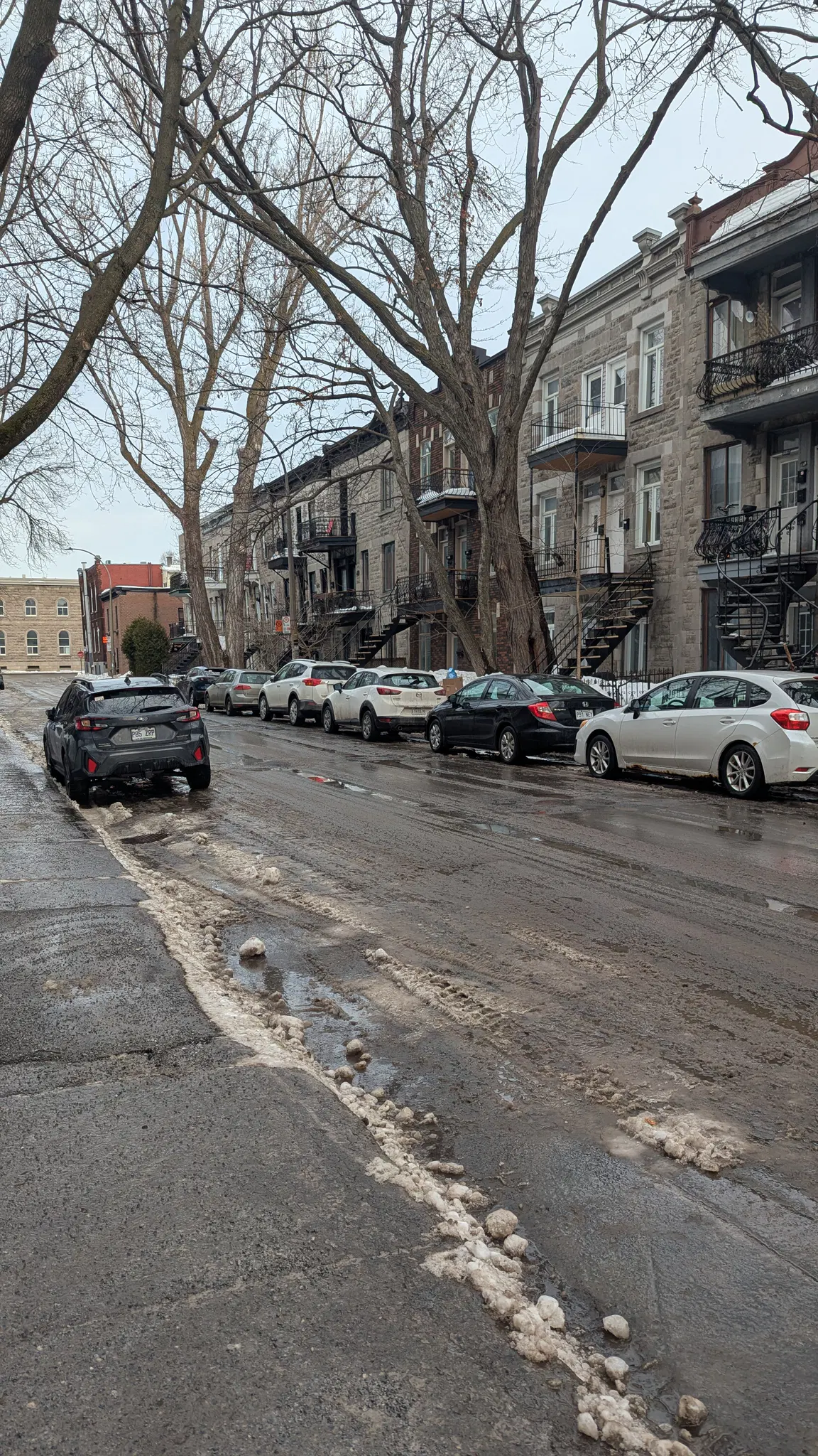 A street that is clear of snow. There are cars parked normally. You can see the sidewalk.