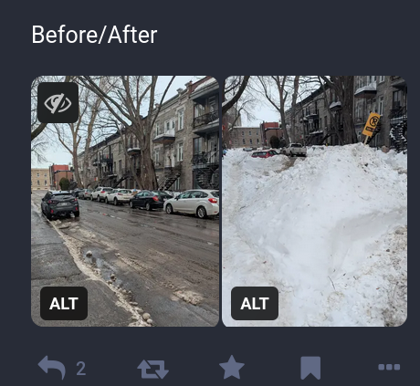 Crop of a post.

Text: Before/After

Picture on the left show cleared street.
Picture on the right show a huge snowpile.
Looks like the same street.