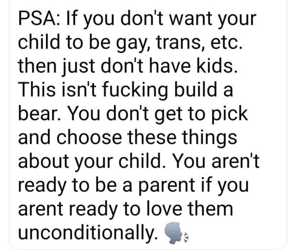 PSA: If you don't want your child to be gay, trans, etc.
then just don't have kids. This isn't fucking build a bear. You don't get to pick and choose these things about your child. You aren't ready to be a parent if you arent ready to love them
unconditionally. (A profile emoji of a person talking)