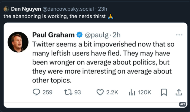 A social medium post by Dan Nguyen that says "the abandoning is working, the nerds thirst 🙏" accompanied by the snip of tweet by Paul Graham that says "Twitter seems a bit impoverished now that so many leftish users have fled. They may have been wronger on average about politics, but they were more interesting on average about other topics."
