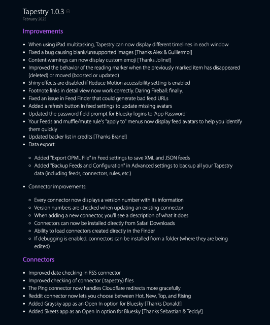 Tapestry version history screenshot from the website - https://usetapestry.com/history