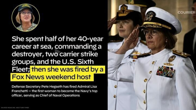 An image featuring Admiral Lisa Franchetti in her formal Navy uniform saluting, alongside text highlighting her distinguished 40-year naval career, including commanding a destroyer, two carrier strike groups, and the U.S. Sixth Fleet. The text then contrasts her extensive experience with her reported firing by Defense Secretary Pete Hegseth, identified as a Fox News weekend host. The source of the information is credited to the New York Times, with "COURIER" branding in the top right corner. The highlighted portion of the text emphasizes the contrast between her career and the circumstances of her dismissal.