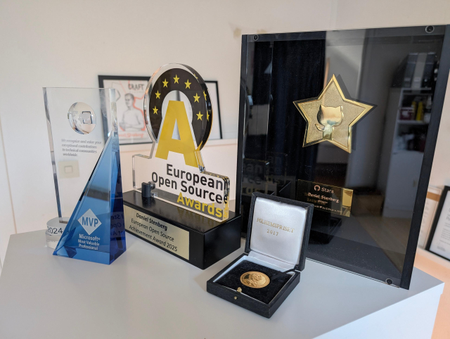 4 of Daniel's awards. From left: Microsoft MVP, European Open Source Awards, Polhem Prize and GitHub Star