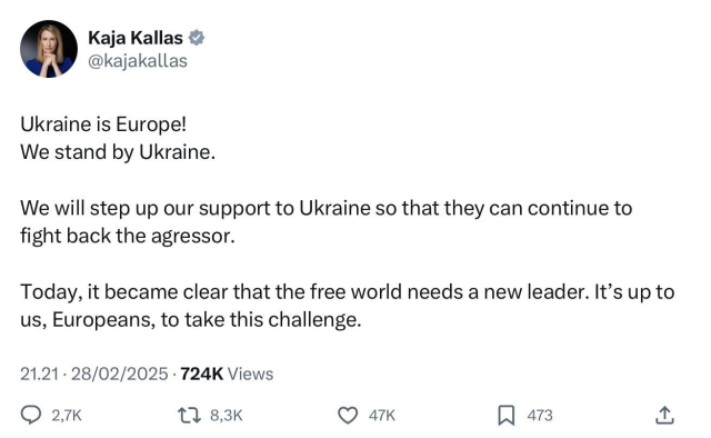 Kaja Kallas posting:



Ukraine is Europe! 
We stand by Ukraine. 

We will step up our support to Ukraine so that they can continue to fight back the agressor.

Today, it became clear that the free world needs a new leader. It’s up to us, Europeans, to take this challenge.