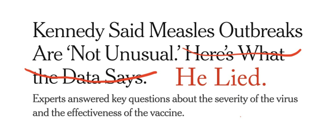 NY Times headline: Kennedy Said Measles Outbreaks Are 'Not Unusual.' Here's What the Data Said.

The second sentence is crossed out and replaced with: He Lied.