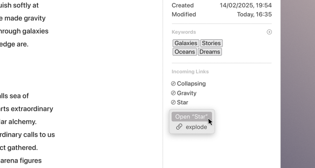 Ulysses window showing incoming links