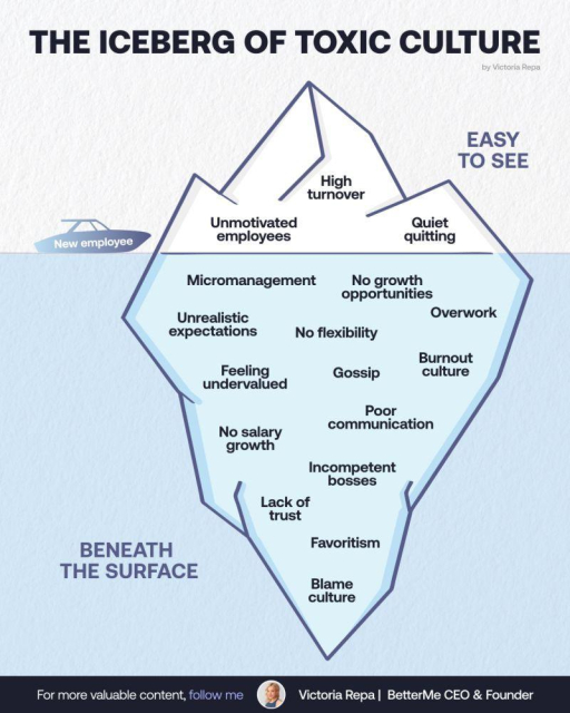 Info-graphic: The Iceberg of Toxic Culture

Toxic Work Culture.

Most candidates focus on:

↳ Salary.
↳ Job responsibilities.
↳ Benefits and team activities.

And yes, these things matter.

But none of it will matter if you step into a toxic environment.

What’s easy to spot in the first few weeks:

➟ High turnover
➟ Unmotivated employees
➟ Quiet quitting

What’s beneath the surface:

➟ Micromanagement
➟ Favoritism
➟ Incompetent leadership
➟ Blame culture
➟ Lack of trust
➟ No growth opportunities
➟ Overwork and burnout
➟ Unrealistic expectations
➟ No flexibility
➟ Feeling undervalued
➟ Gossip and office politics
➟ Poor communication
➟ Stagnant salaries
