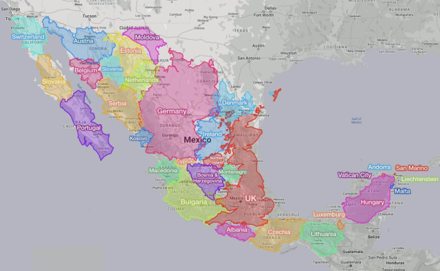 This map compares the size of Mexico to various European countries by overlaying them on top of its territory. The UK, Germany, and France cover large portions of central and eastern Mexico. Portugal fits over Baja California, while Switzerland is placed over California for reference. Smaller nations like Andorra, Vatican City, and Liechtenstein are positioned in the Yucatán region, emphasizing how vast Mexico is compared to multiple European countries.