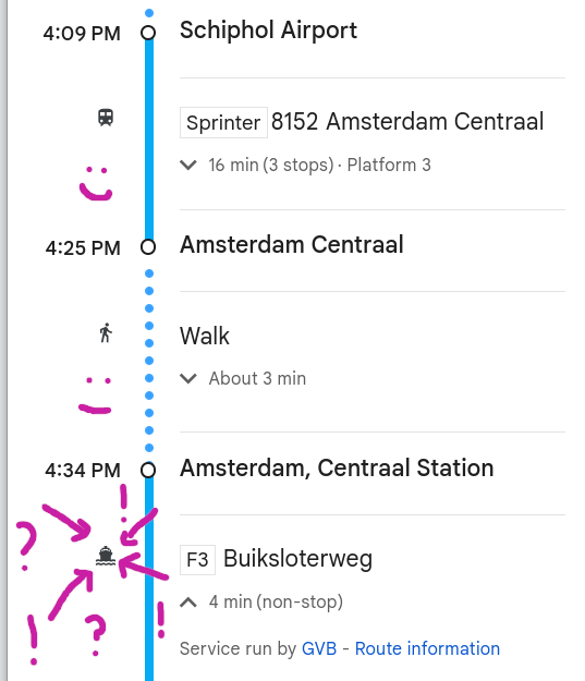 Transit directions saying to take a train, walk, then... a boat???