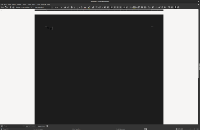 Screenshot of LibreOffice Writer 25.2 with the dark theme active. The interface is dark is partially dark, the page background is black, but not the surrounding area. The "automatic" font colour is also still black, as in the light theme. '