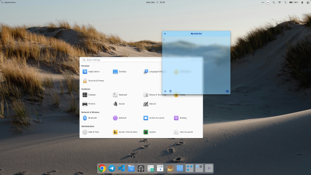 Screenshot of elementary OS 8. There are System Settings and Jorts windows. Dock and Jorts have blur behind the windows.