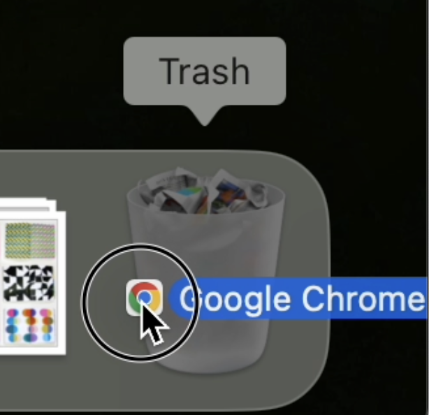 A mouse cursor dragging Google Chrome into the Trash.