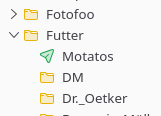 Small picture that shows a few folders in Thunderbird. Their names are „Fotofoo“, „Futter“, and under the last one there are subfolders named „Motatos“, „DM“, and „Dr._Oetker“. All folders have the typical yellow folder icon, while the Motatos folder has a green icon like a paper plane, as usually shown for sent folders.