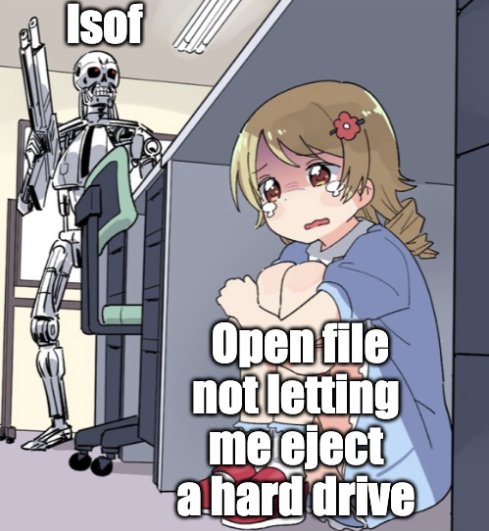 Anime drawing of terminator looking for a girl hiding scared under a desk. The terminator is labeled "lsof", and the girl is labeled "Open file not letting me eject a hard drive."