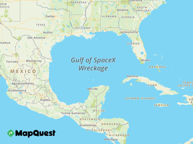 map of the Gulf of Mexico, with the name changed to "Gulf of SpaceX Wreckage"