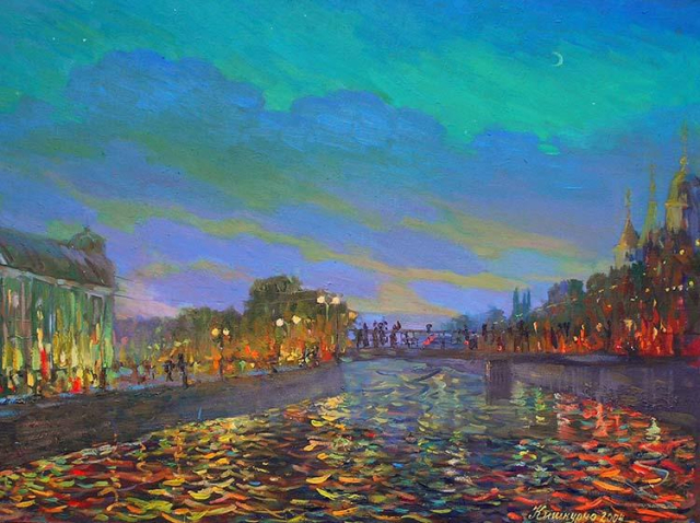 The painting captures the vibrant scene where the bright lights of street lamps reflect in the Lopan River, and crowds of joyful people fill the embankment, listening to street musicians and admiring the majestic silhouette of the Annunciation Cathedral.