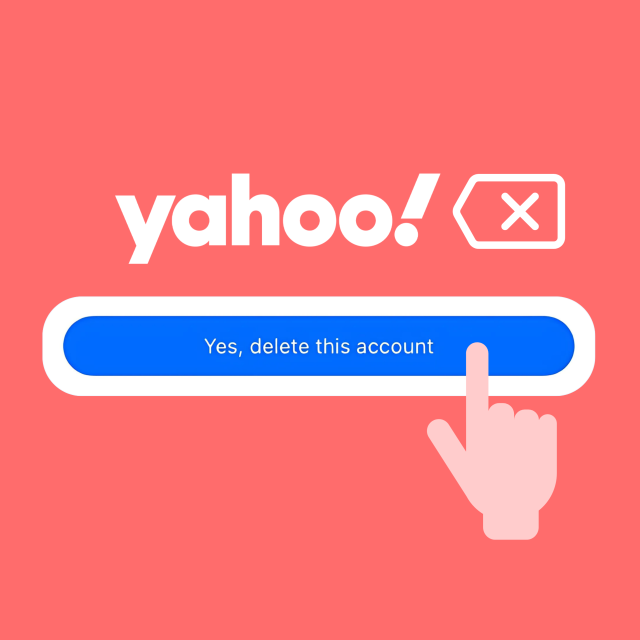Finger clicking "Yes, delete this account" with Yahoo logo
