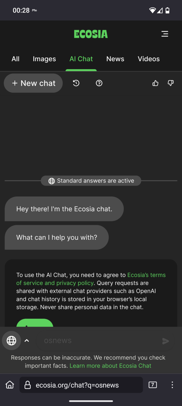 Ecosia's "AI" chatbot.
