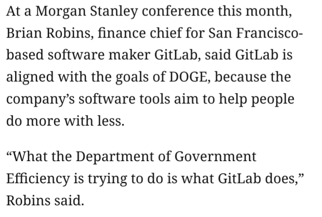 Brian Robbins, finance chief for ... GitLab, said GitLab is aligned with the goals of DOGE