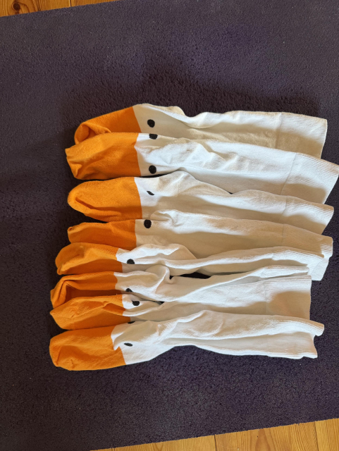 Four pairs of goose socks/handpuppets, white neck/ankle, black dots for eyes, bright orange beak/tip. 