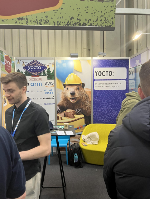 A beaver with a hard hat in the Yocto Project booth at EmbeddedWorld