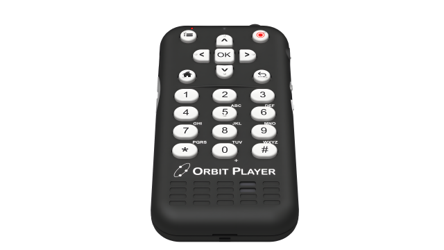 Image of a black remote  control labeled "Orbit Player". The remote features a numeric keypad with buttons numbered 0-9, as well as an "OK" button in the center, directional arrows, and additional function buttons, including a home button and menu options. The design is sleek and modern, with raised buttons for tactile feedback.