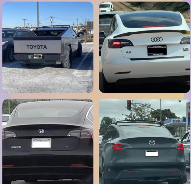 four pictures.

A cybertruck with TOYOTA across the back.

A white tesla with the Audi rings and an A6 badge.

A black tesla with a Honda emblem and the civic badge.

A dark grey tesla with the flying wings Mazda emblem.