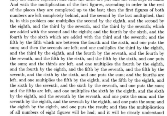Screenshot of English translation of Fibonacci's description of the multiplication algorithm