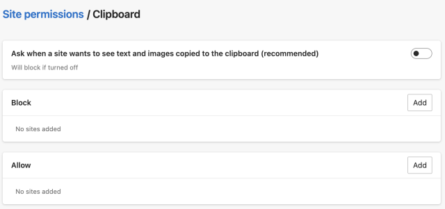 A settings dialog screen in Microsoft Edge showing "Site Permissions / Clipboard" with text "Ask when a site wants to see text and images copied to the clipboard (recommended) - will block if turned off" and a switch next to it showing the off position.
