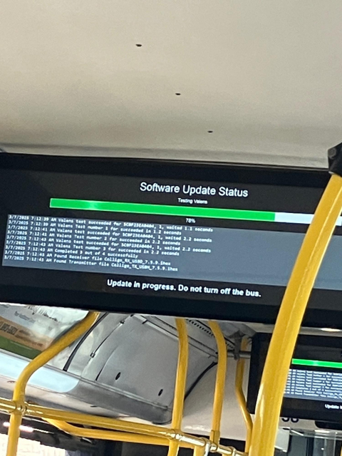 A photo of the digital display screen inside a bus, showing a software update in progress