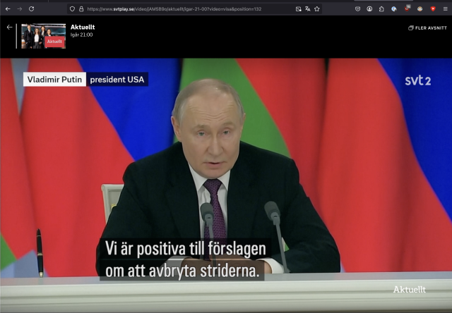 Screenshot from SVT (Swedish Television) picturing Vladimir Putin with the title "president USA" next to his name.