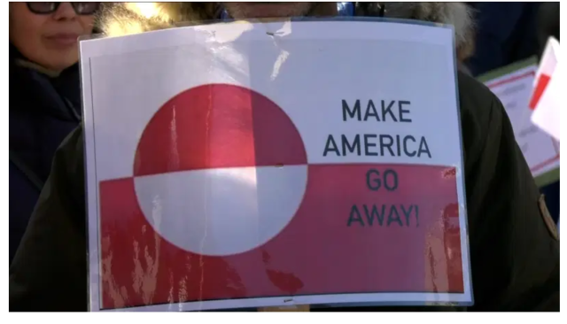 A Greenland Flag with the text "Make America Go Away", from a demonstration in Nuuk 15.3.2025
Picture from dr.dk