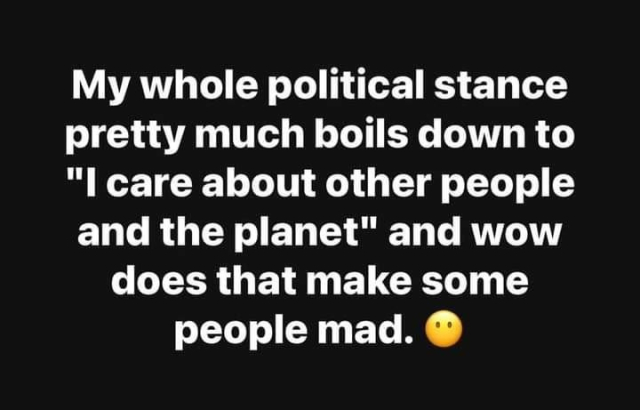 Text on a black background reads: "My whole political stance pretty much boils down to 'I care about other people and the planet' and wow does that make some people mad." There is a thinking face emoji at the end.
