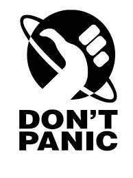 Hitchhiker's Guide to The Galaxy cover featuring a planet with a thumbs up hand, and the large text: DON'T PANIC